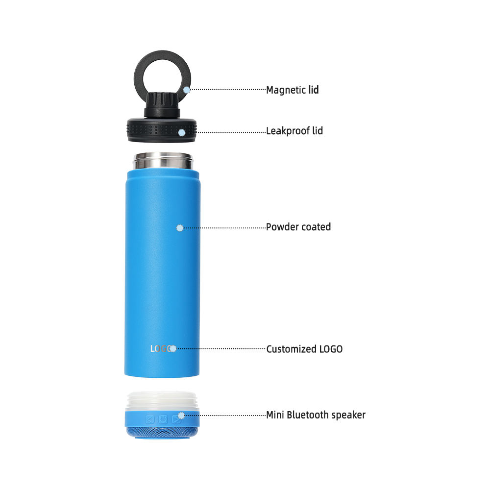 14oz Smart Metal Water Bottle for Gym and Outdoor Use Featuring a Magnetic Cell Phone Holder and a High Quality Bluetooth Speaker