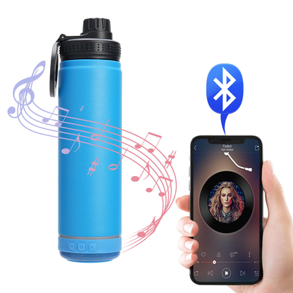 14oz Smart Metal Water Bottle for Gym and Outdoor Use Featuring a Magnetic Cell Phone Holder and a High Quality Bluetooth Speaker