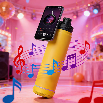 14oz Smart Metal Water Bottle for Gym and Outdoor Use Featuring a Magnetic Cell Phone Holder and a High Quality Bluetooth Speaker