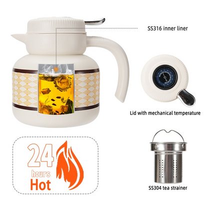 1.5L Glass Lined Stainless Steel Vacuum Thermos with Mechanical Temperature Measurement and Tea Strainer
