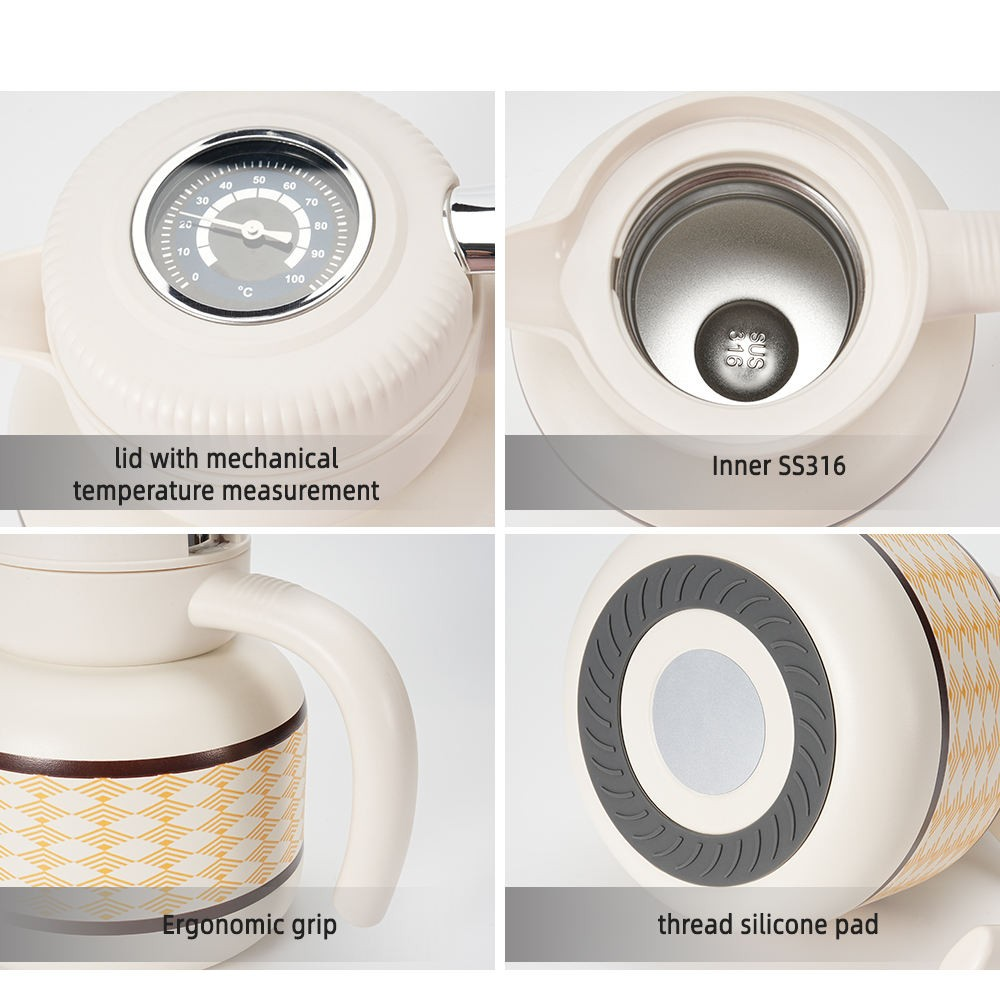 1.5L Glass Lined Stainless Steel Vacuum Thermos with Mechanical Temperature Measurement and Tea Strainer