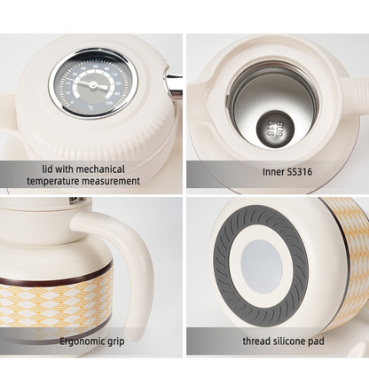 1.5L Glass Lined Stainless Steel Vacuum Thermos with Mechanical Temperature Measurement and Tea Strainer