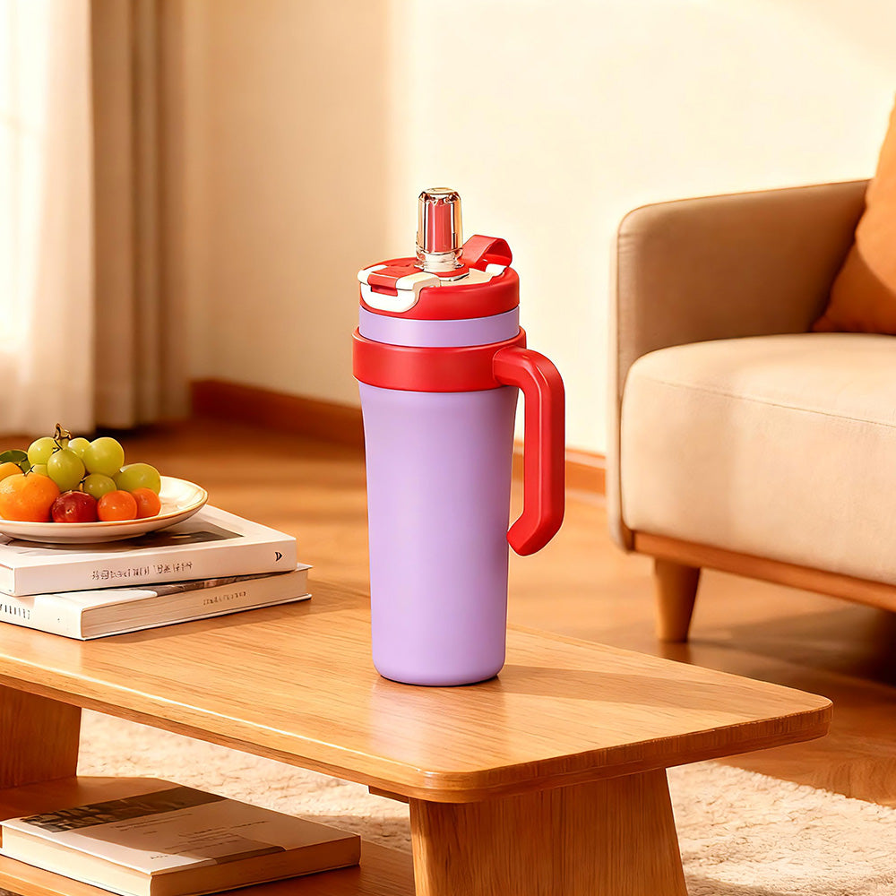 BPA-Free 40oz Stainless Steel Travel Mug with Custom Logo, Collapsible Handle, Vacuum Insulation, and 2-in-1 Lid for Sip or Straw Use
