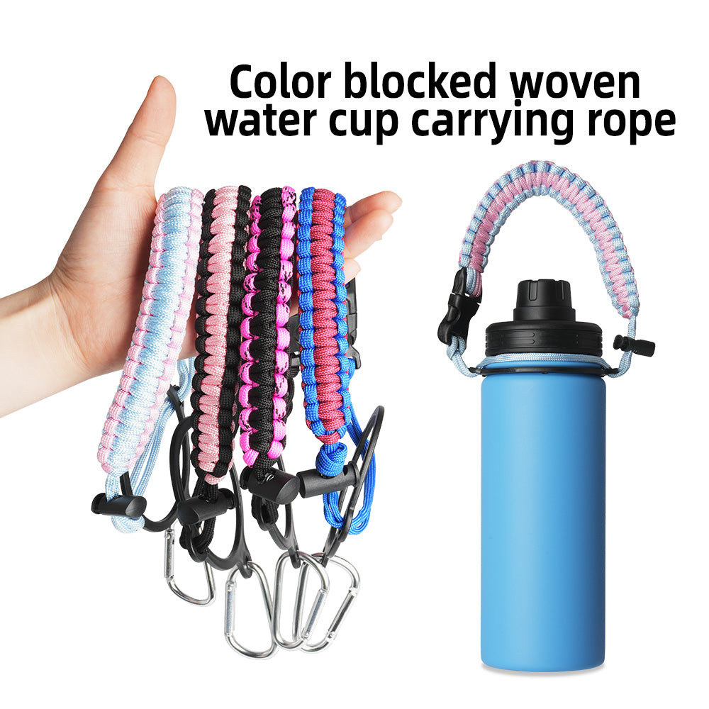 Paracord Handle for Wide Mouth Bottles 12 to 64oz, Water Bottle Handle for Hiking with Safety Ring and Carabiner