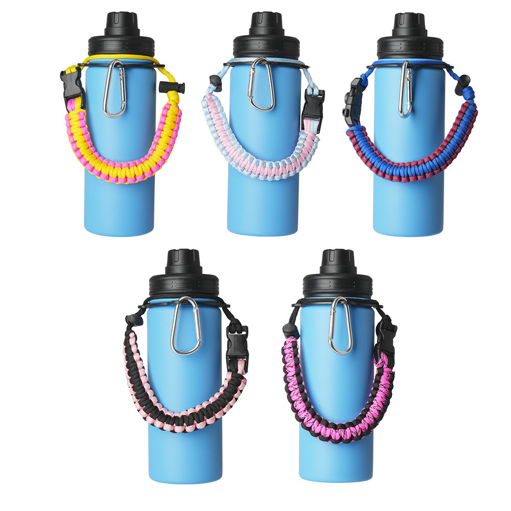 Paracord Handle for Wide Mouth Bottles 12 to 64oz, Water Bottle Handle for Hiking with Safety Ring and Carabiner
