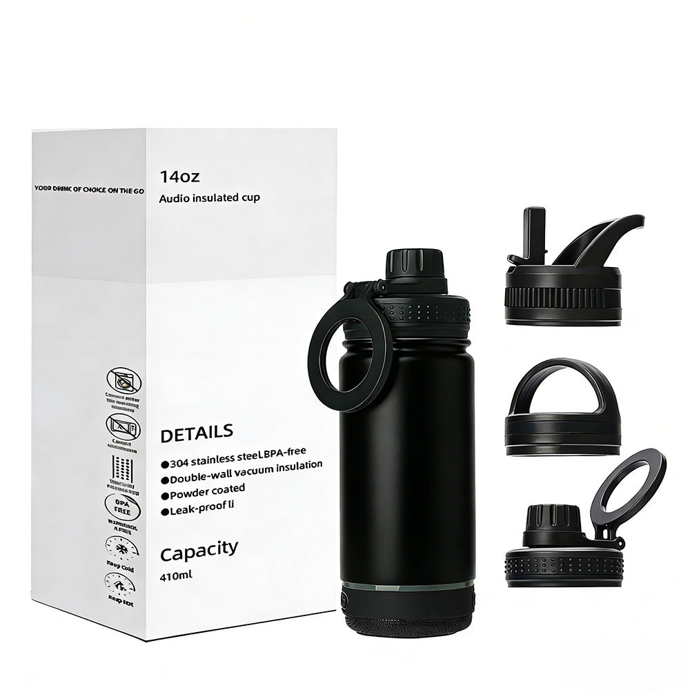 14oz Smart Metal Water Bottle for Gym and Outdoor Use Featuring a Magnetic Cell Phone Holder and a High Quality Bluetooth Speaker