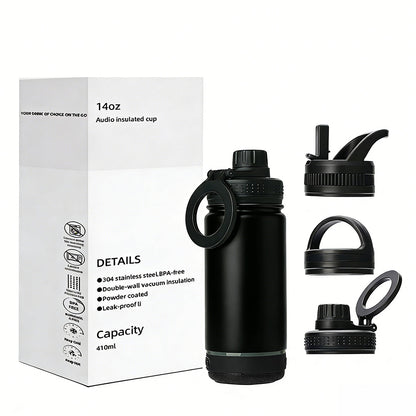 14oz Smart Metal Water Bottle for Gym and Outdoor Use Featuring a Magnetic Cell Phone Holder and a High Quality Bluetooth Speaker