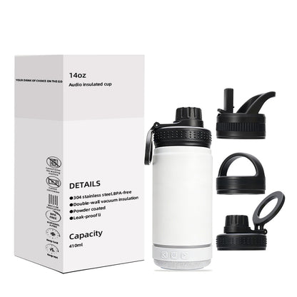 14oz Smart Metal Water Bottle for Gym and Outdoor Use Featuring a Magnetic Cell Phone Holder and a High Quality Bluetooth Speaker